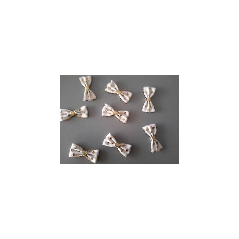 N. 8 Applicazioni forma di fiocco in tessuto bianco con pois oro cm 2x4,5