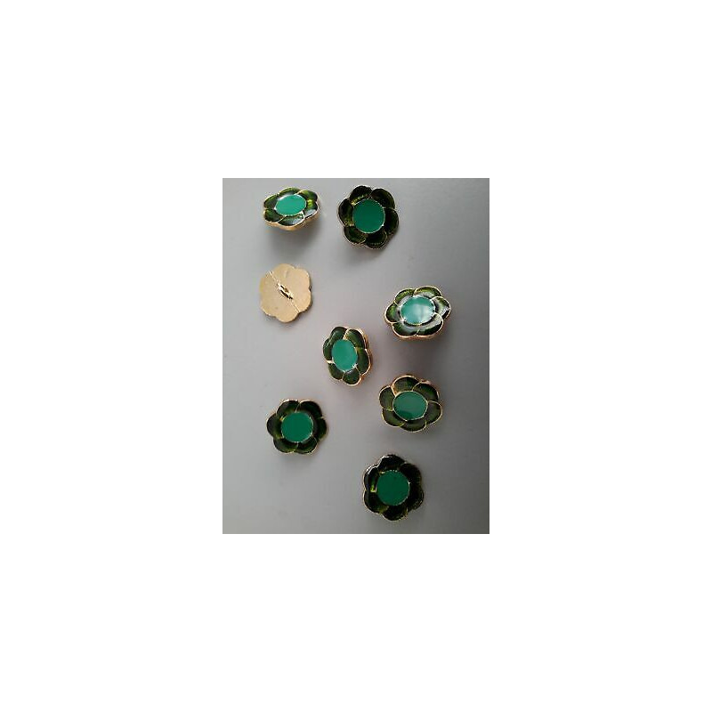 n 10 Bottoni a fiore metallo colore oro e verde cm 1,8 foro dietro